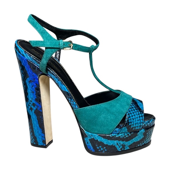SERGIO ROSSI Elaphe Snake Skin Suede T-Strap Platform Sandals Blue Size 37.5 7.5 - Picture 1 of 13